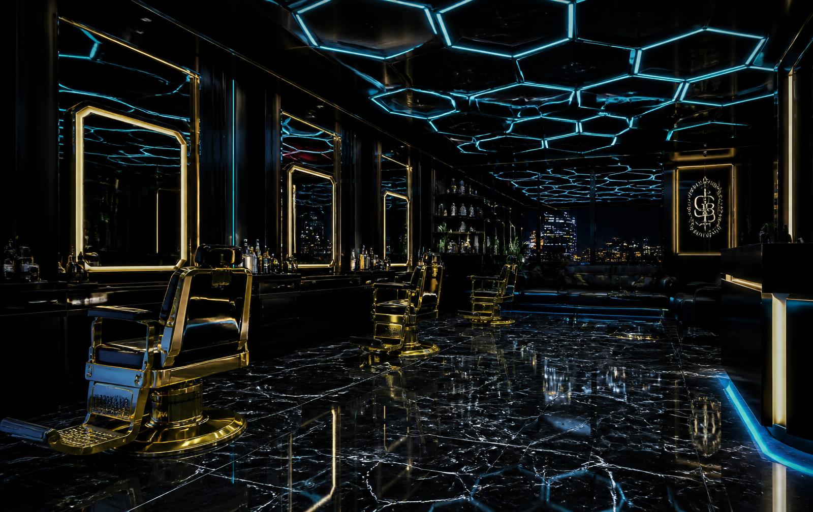 Innenraum des CutZone Barbershops mit Hexagon-LED-Beleuchtung